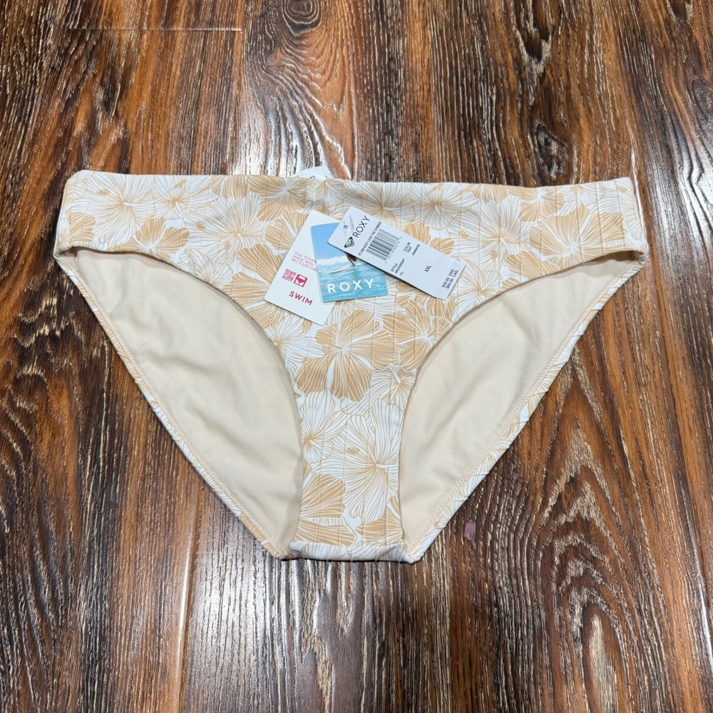 NEW Roxy Love The Comber Floral Ribbed Bikini Bottoms Tan White XXL Womens
